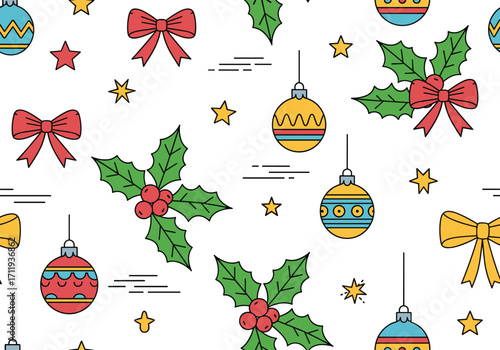 Festive Christmas ornaments bows and holly leaves scattered on a white background pattern.