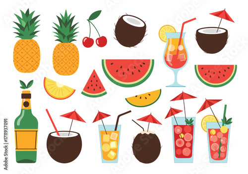 A vibrant collection of tropical fruits and refreshing summer drinks perfect for a beach party.