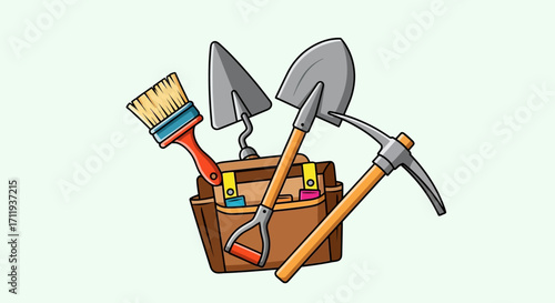 Cartoon Toolbox with Gardening and Construction Tools Illustration.