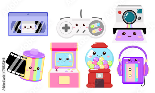 Kawaii retro 90s gadget collection, VHS Tape, game controller, polaroid camera, arcade game, cassette tape, film roll