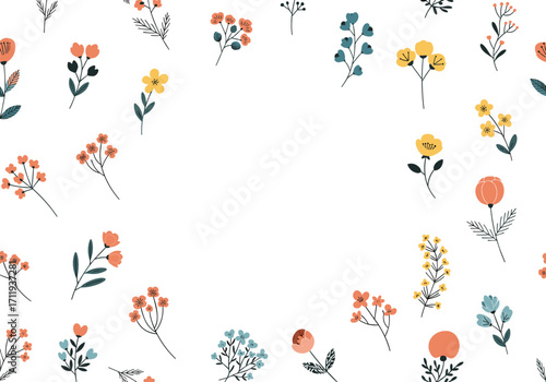 A charming collection of tiny blooming flowers adorning the white background.