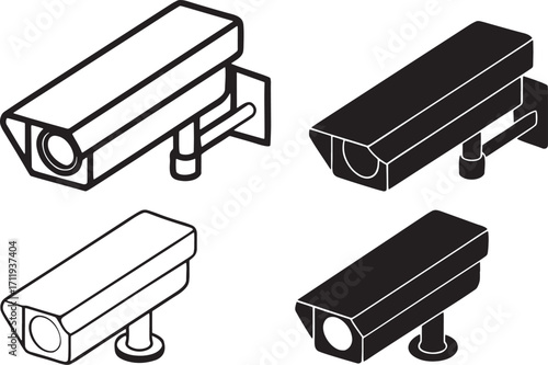 Black and white security camera icons in isometric view Keywords: security camera, cctv