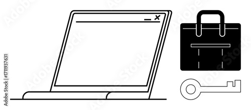 Open laptop, briefcase, and key emphasizing security, productivity, and professional access. Ideal for technology, business, security, work-from-home access professional tools and data safety