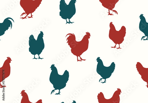 Seamless pattern featuring stylized silhouettes of chickens in teal and maroon hues.
