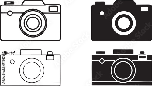 Collection of four camera icons in black and white outline and solid fill Keywords: camera, icon