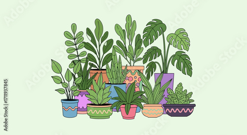 Collection of Potted Houseplants - A Vibrant Indoor Garden Illustration.