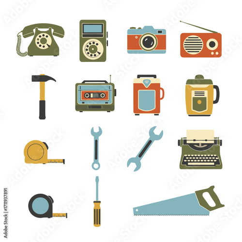 Collection of Vintage and Retro Tools and Technology Illustrations.