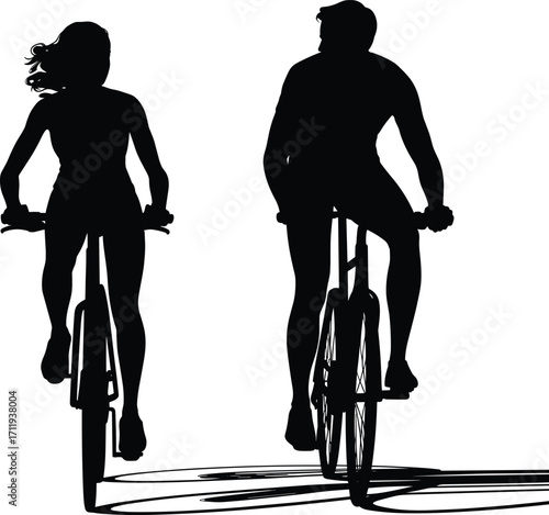 Silhouette of man and woman cycling together outdoors, active lifestyle, fitness, healthy living, exercise, recreation, leisure, sport, teamwork, freedom