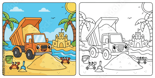 Cute Beach Dump Truck Delivering Sand for Castle Building Fun