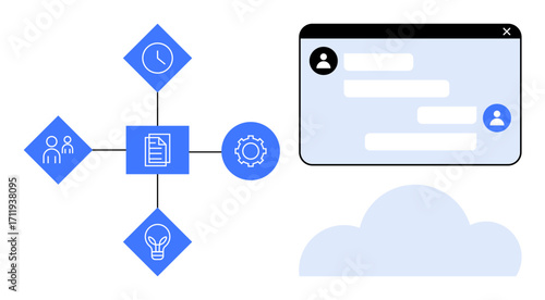 Centralized document links clock, team, idea, and settings icons to collaboration chat with profile avatars. Ideal for teamwork, project planning, communication, productivity, brainstorming remote