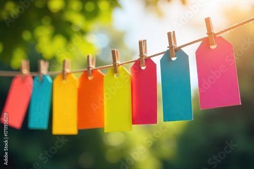 Vibrant, multicolored tags fluttering on a clothesline outdoors, bathed in sunlight A colorful and cheerful scene perfect for crafting, organization, or branding projects , system, blue, pastel