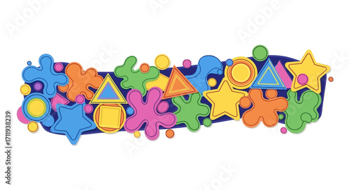 Colorful Geometric Shapes Illustration with Stars, Circles, Triangles, and Plus Signs.