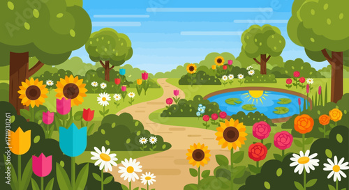 Colorful Garden Scene with Flowers, Pond, and Trees in Cartoon Style.