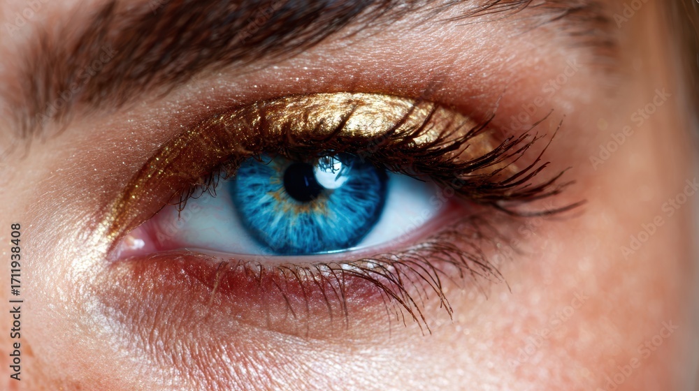 Obraz premium An intimate close-up of a striking blue eye accentuated with shimmering gold makeup, highlighting the intricate details that make human eyes mesmerizing and captivating.