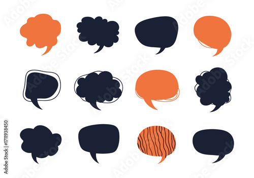 A collection of diverse speech bubble icons in dark blue and orange representing communication and conversation.