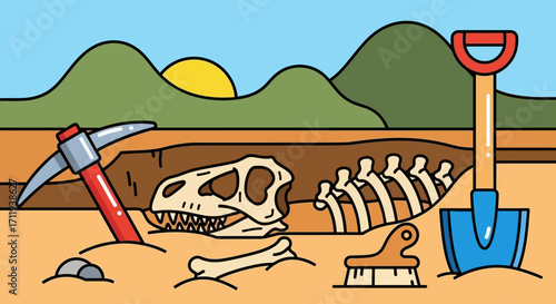 Dinosaur Fossil Excavation Site with Tools and Bones Illustration.