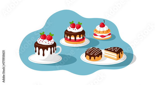 Delicious Assortment of Cakes with Chocolate and Fruit Toppings.