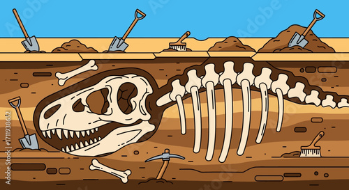 Dinosaur Fossil Excavation Site with Shovels and Tools.