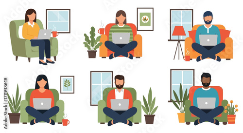 Diverse Group Working Remotely on Laptops in Comfortable Home Settings.