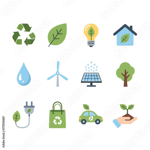 Ecological Icons Set - Recycling, Green Energy, and Environmental Conservation.