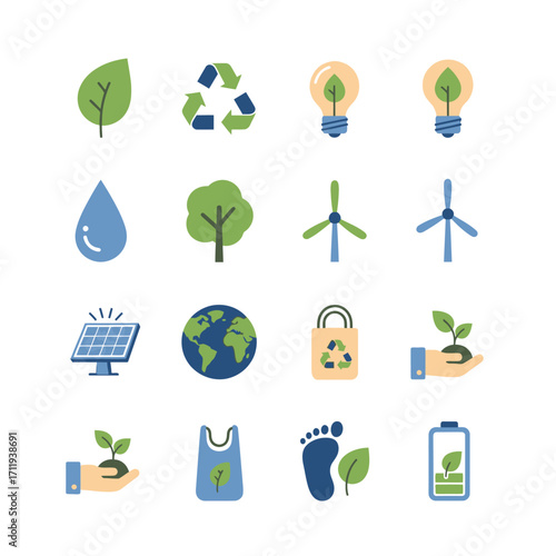 Ecological Icons Set - Sustainability, Renewable Energy, and Environmental Conservation.