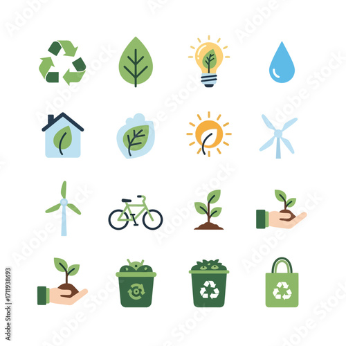 Eco-Friendly Icons - Sustainability, Renewable Energy, and Environmental Conservation.