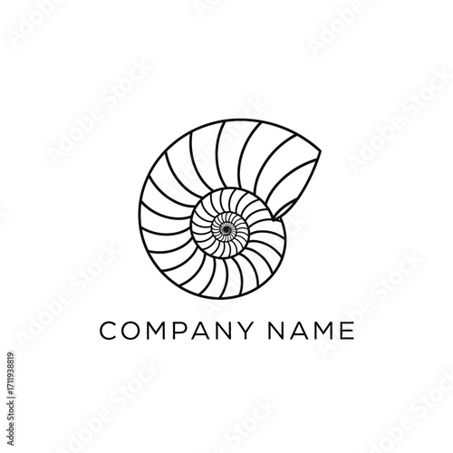 Elegant Nautilus Shell Logo Design with Spiraling Chambers and Company Name.