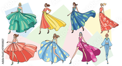 Elegant Fashion Illustration - Diverse Gowns for Style Inspiration.