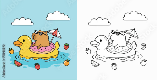 Cute Capybara Floating on a Duck Pool Float Enjoying Summer