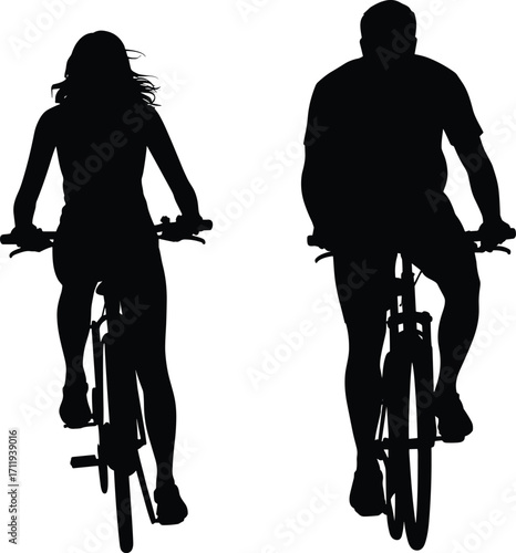 Silhouette of man and woman cycling together, outdoor exercise, healthy lifestyle, fitness activity, bike ride, nature, active couple, leisure, black vector illustration, sport.