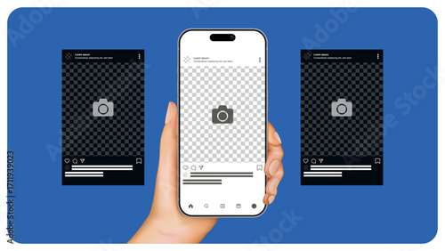Social media post mockup with photo carousel on smartphone. Hand holding phone with modern mobile app interface. Vector illustration of communication and networks.