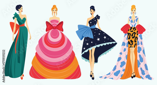 Four Fashionable Women in Elegant Dresses with Unique Designs.