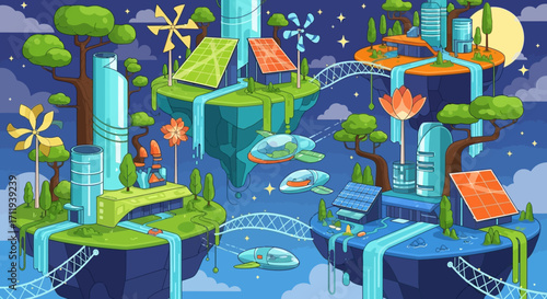 Floating Islands of Sustainable Energy and Futuristic Green Technology.