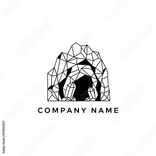 Geometric Cave Entrance Logo with Crystals and Company Name.