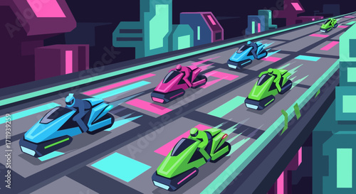 Futuristic Racing Scene with Sleek Vehicles on a Neon-Lit Track.