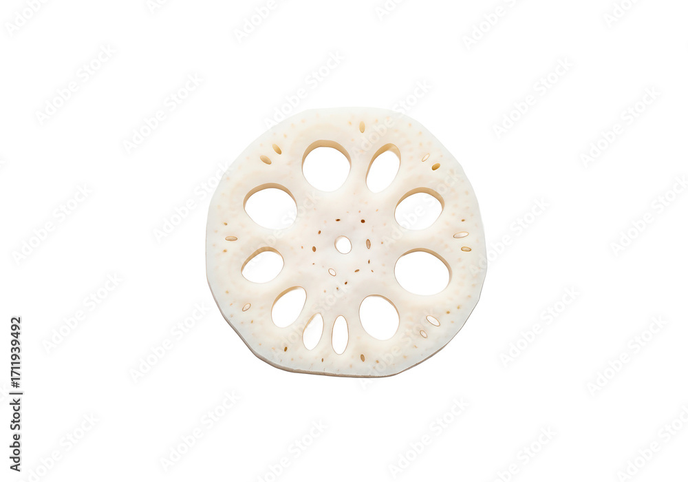 Obraz premium Sliced lotus root showcasing its unique patterns and textures on a plain background