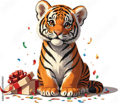 Festive Tiger Cub with Tiny Gift Box