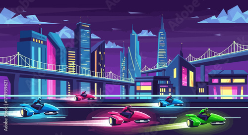 Futuristic Hovercrafts Racing Through a Neon Cityscape at Night.