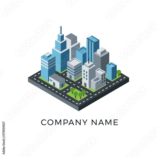 Isometric Cityscape Illustration with Modern Buildings and Green Spaces.