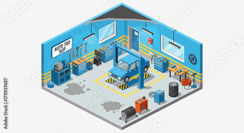 Isometric Car Repair Shop Interior with Vehicle on Lift and Tools.