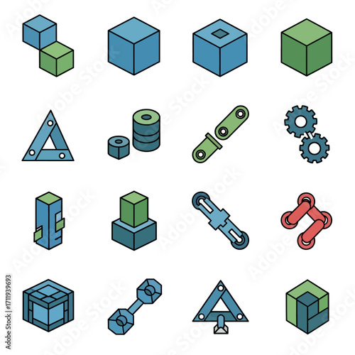 Isometric Geometric Shapes and Mechanical Components Illustration Set.