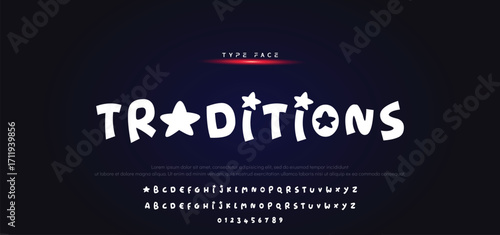 Vector of modern comical font and alphabet. Playful style font design, colorful childish alphabet, letters and numbers vector illustration