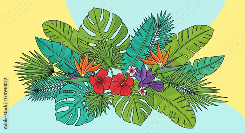 Lush Tropical Foliage and Vibrant Flowers Arrangement.