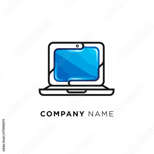 Modern Laptop Logo Design with Blue Screen and Sleek Outline for Technology Company.