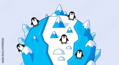 Penguins on a Snowy Globe - A Cartoon Illustration of Arctic Wildlife.