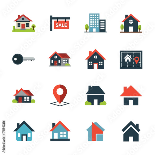 Real Estate Icons - Houses, Buildings, Key, Map, and Location Pin.