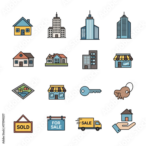 Real Estate Icons - Buildings, Houses, Keys, and Sale Signs.