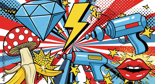 Pop Art Collage with Diamond, Ray Guns, Mushroom, Banana, Lightning Bolt, and Lips.