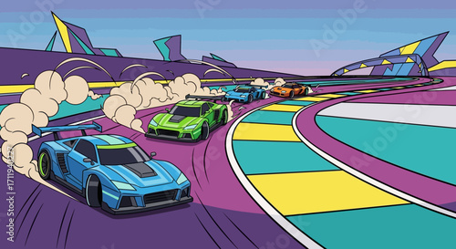 Racing Cars Drifting on a Futuristic Track with Smoke and Speed.