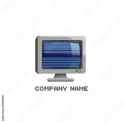 Retro Computer Monitor with Blue Screen and Pixelated Company Name.